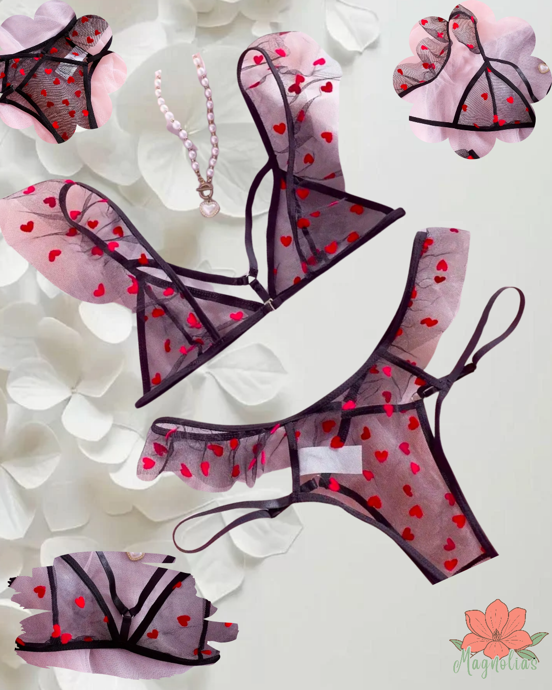 Conjunto de Lencería Sexy con Bordado de Corazón Rojo