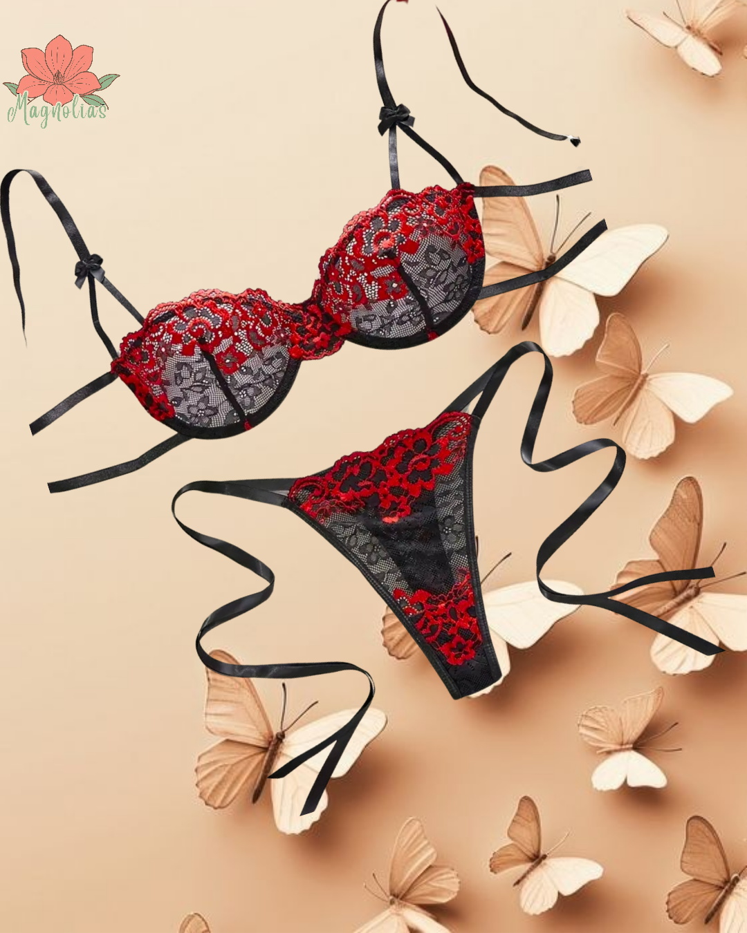 Juego de Lencería Sexy de 2 Piezas – Negro y Rojo con Encaje Floral