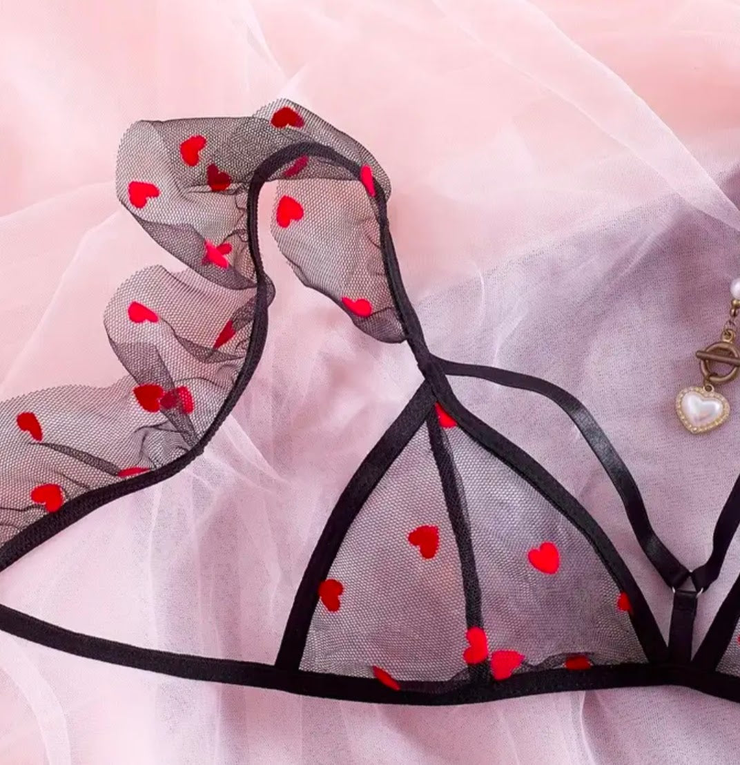 Conjunto de Lencería Sexy con Bordado de Corazón Rojo