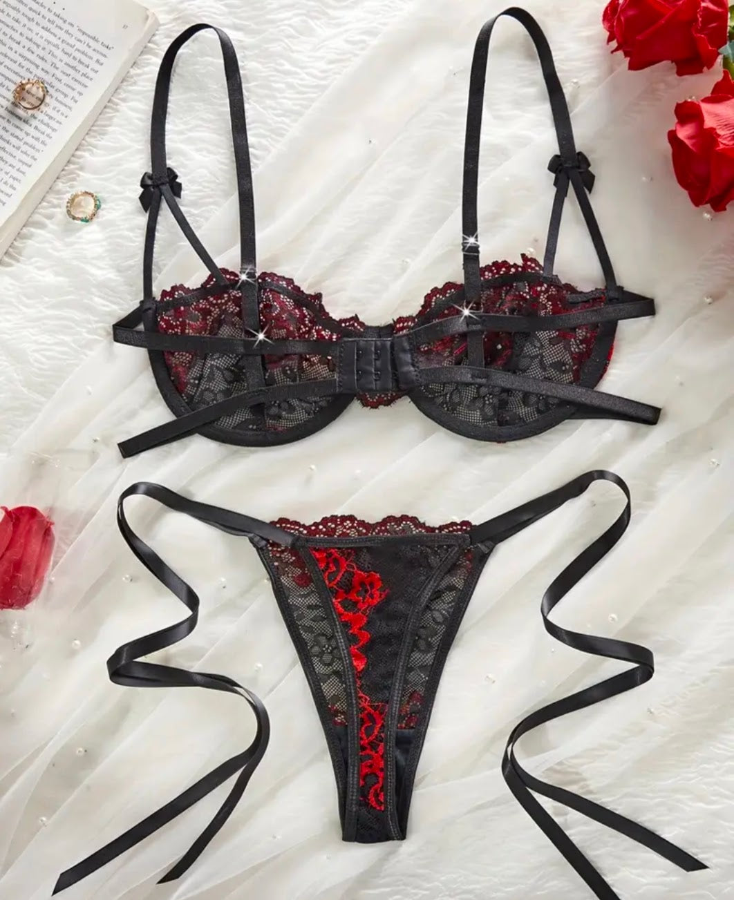 Juego de Lencería Sexy de 2 Piezas – Negro y Rojo con Encaje Floral