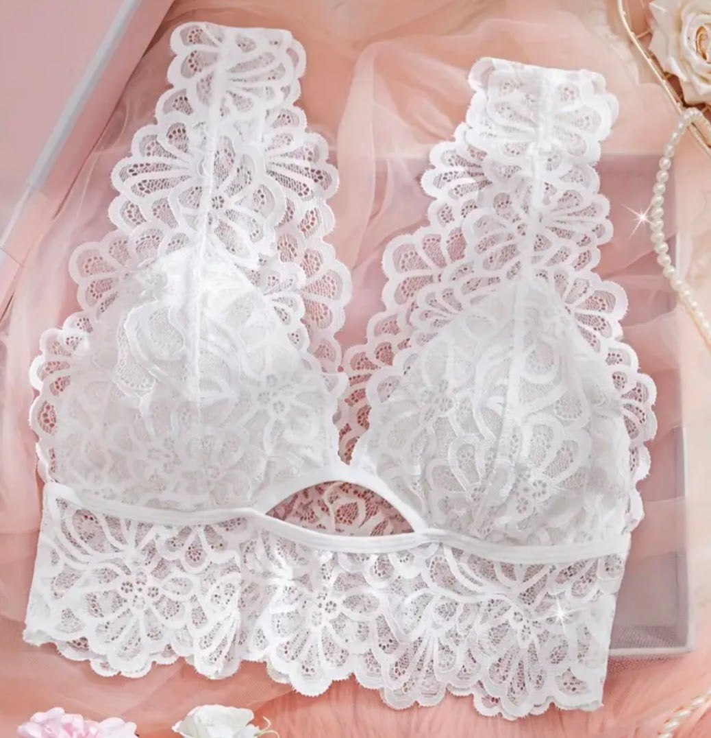 Sostén Elegante de Encaje Floral Blanco – Sin Espalda y Escote en V Profundo